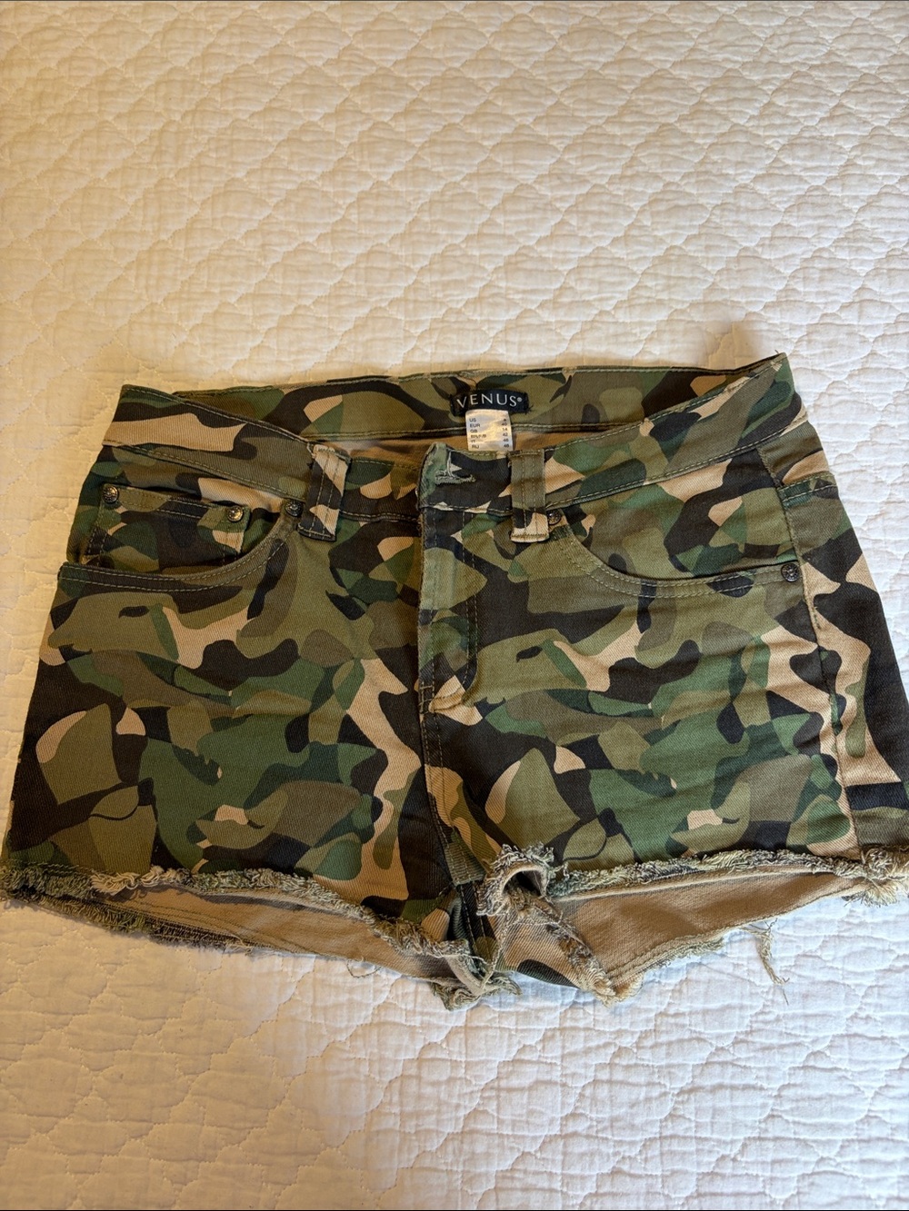 VENUS Camo Denim Cutoff Shorts - Green Camo